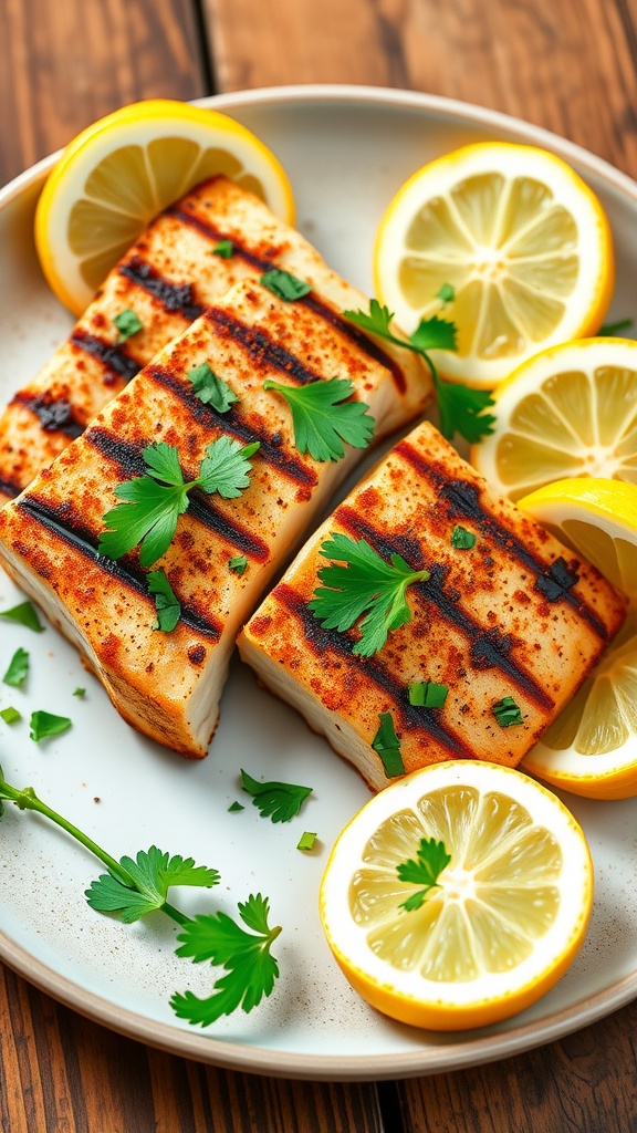 Grilled Cajun mahi mahi fillets with parsley and lemon on a rustic wooden table.